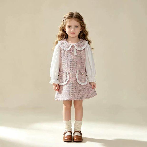 A child in a pink tweed pinafore and white blouse. A guide photograph, not a house piece.