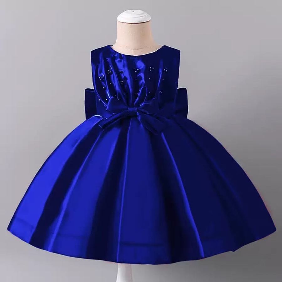 A royal blue satin dress with a bow.
